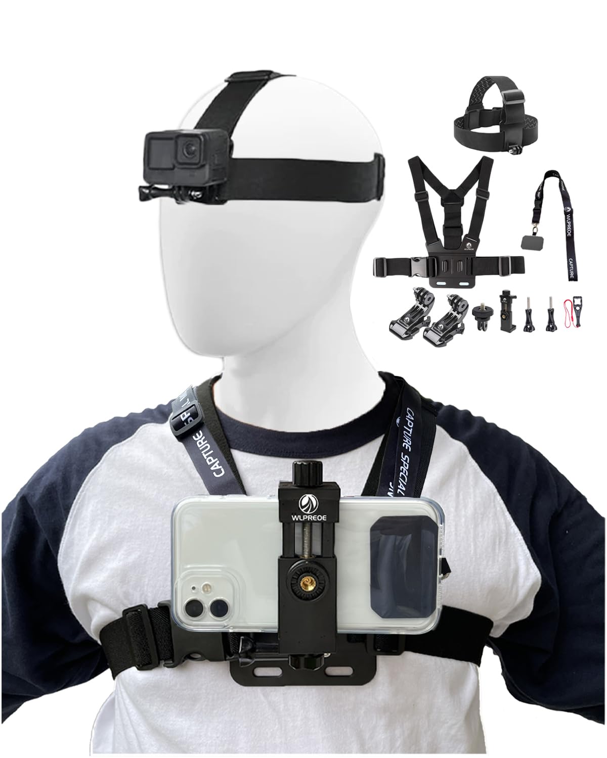 Phone Chest Mount Head Strap Accessories Kit - POV Phone Holder for Vlogging Video Compatible With iPhone 17 16 Pro Max Plus 15 14 13 - Hands Free - Big Mike