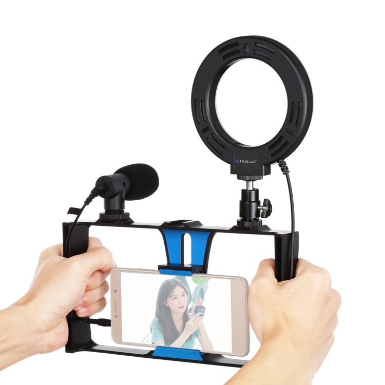 PULUZ 3 - in - 1 Vlogging Rig with Microphone, 4.7" LED Light, Cold Shoe Tripod for Smartphones (Blue) - Big Mike