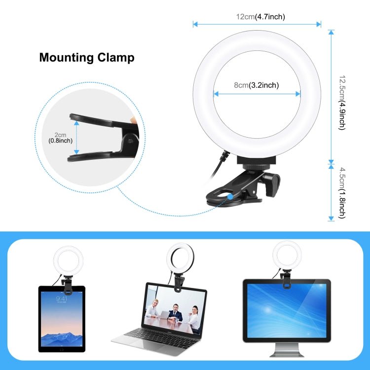 PULUZ 4.7 inch 12cm Ring Selfie Light 3 Modes USB Dimmable Dual Color Temperature LED Curved Vlogging Photography Video Lights with Monitor Clip Holder (Black) - Big Mike