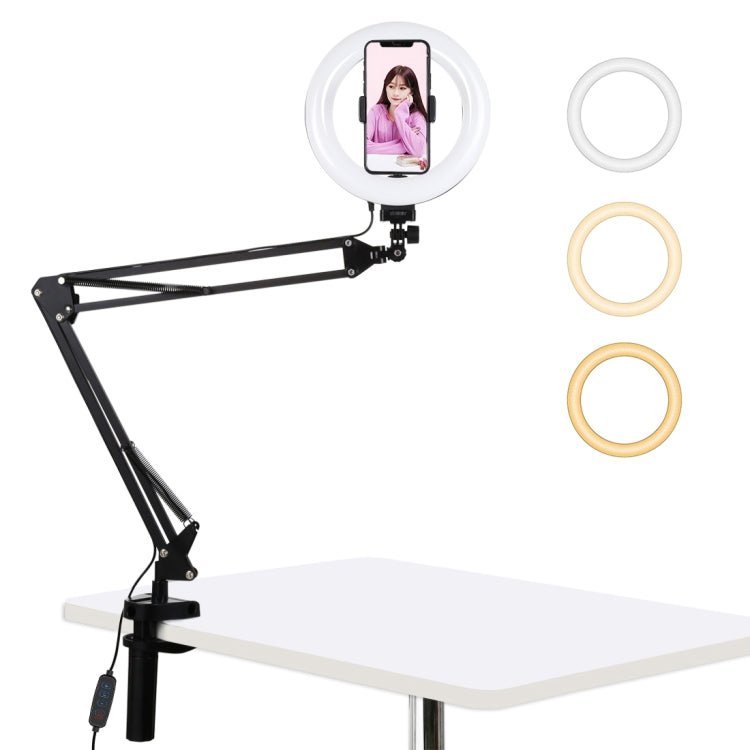 PULUZ 7.9 inch 20cm Ring Curved Light + Desktop Arm Stand USB 3 Modes Dimmable Dual Color Temperature LED Vlogging Selfie Photography Video Lights with Phone Clamp(Black) - Big Mike