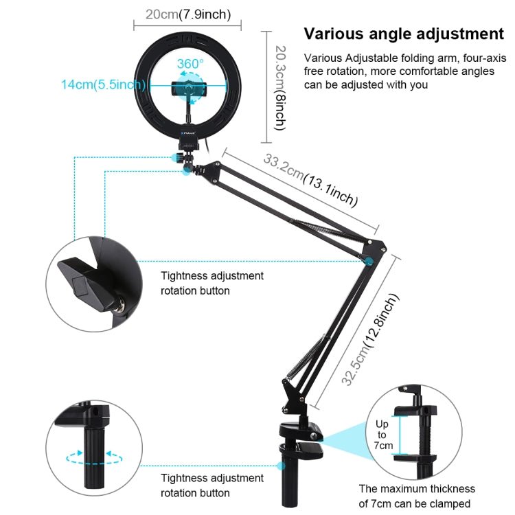 PULUZ 7.9 inch 20cm Ring Curved Light + Desktop Arm Stand USB 3 Modes Dimmable Dual Color Temperature LED Vlogging Selfie Photography Video Lights with Phone Clamp(Black) - Big Mike